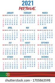2021 year calendar with national flag of country Portugal. Month, day, week. Colorful palette, trendy, simply design. Vector illustration for web, business, reminder, planner