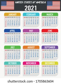 2021 year calendar with national flag of country United States of America, USA. Month, day, week. Colorful palette, trendy, simply design. Vector illustration for web, business, reminder, planner