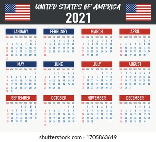2021 year calendar with national flag of country United States of America, USA. Month, day, week. Colorful palette, trendy, simply design. Vector illustration for web, business, reminder, planner