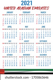 2021 year calendar with national flag of country UAE, United Arabian Emirates. Month, day, week. Colorful palette, trendy, simply design. Vector illustration for web, business, reminder, planner