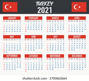 2021 year calendar with national flag of country Turkey. Month, day, week. Colorful palette, trendy, simply design. Vector illustration for web, business, reminder, planner