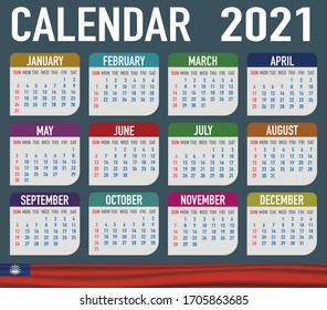 2021 year calendar with national flag of country Taiwan. Month, day, week. Colorful palette, trendy, simply design. Vector illustration for web, business, reminder, planner
