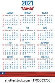 2021 year calendar with national flag of country Taiwan. Month, day, week. Colorful palette, trendy, simply design. Vector illustration for web, business, reminder, planner