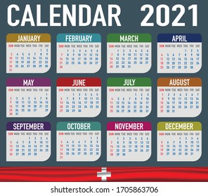 2021 year calendar with national flag of country Switzerland. Month, day, week. Colorful palette, trendy, simply design. Vector illustration for web, business, reminder, planner