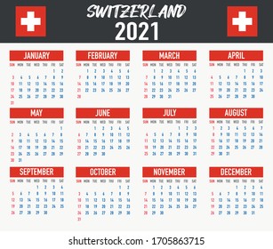 2021 year calendar with national flag of country Switzerland. Month, day, week. Colorful palette, trendy, simply design. Vector illustration for web, business, reminder, planner