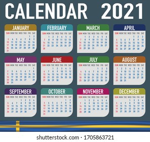 2021 year calendar with national flag of country Sweden. Month, day, week. Colorful palette, trendy, simply design. Vector illustration for web, business, reminder, planner