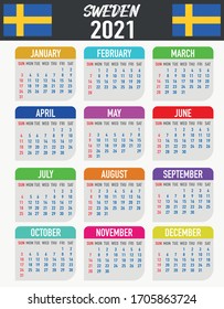 2021 year calendar with national flag of country Sweden. Month, day, week. Colorful palette, trendy, simply design. Vector illustration for web, business, reminder, planner