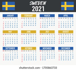 2021 year calendar with national flag of country Sweden. Month, day, week. Colorful palette, trendy, simply design. Vector illustration for web, business, reminder, planner