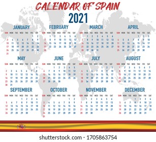 2021 year calendar with national flag of country Spain. Month, day, week. Colorful palette, trendy, simply design. Vector illustration for web, business, reminder, planner