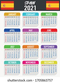 2021 year calendar with national flag of country Spain. Month, day, week. Colorful palette, trendy, simply design. Vector illustration for web, business, reminder, planner