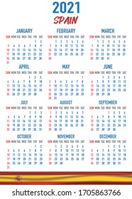 2021 year calendar with national flag of country Spain. Month, day, week. Colorful palette, trendy, simply design. Vector illustration for web, business, reminder, planner