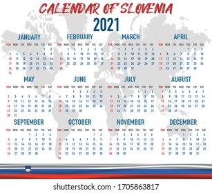 2021 year calendar with national flag of country Slovenia. Month, day, week. Colorful palette, trendy, simply design. Vector illustration for web, business, reminder, planner