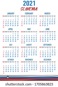 2021 year calendar with national flag of country Slovenia. Month, day, week. Colorful palette, trendy, simply design. Vector illustration for web, business, reminder, planner