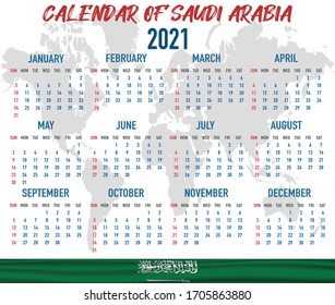 2021 year calendar with national flag of country Saudi Arabia. Month, day, week. Colorful palette, trendy, simply design. Vector illustration for web, business, reminder, planner