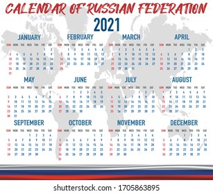 2021 year calendar with national flag of country Russian Federation. Month, day, week. Colorful palette, trendy, simply design. Vector illustration for web, business, reminder, planner