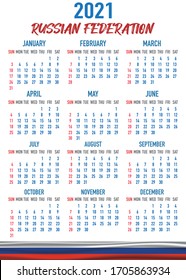 2021 year calendar with national flag of country Russian Federation. Month, day, week. Colorful palette, trendy, simply design. Vector illustration for web, business, reminder, planner