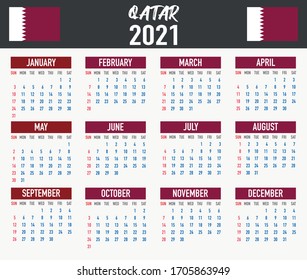 2021 year calendar with national flag of country Qatar. Month, day, week. Colorful palette, trendy, simply design. Vector illustration for web, business, reminder, planner