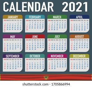 2021 year calendar with national flag of country . Month, day, week. Colorful palette, trendy, simply design. Vector illustration for web, business, reminder, planner