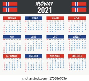 2021 year calendar with national flag of country Norway. Month, day, week. Colorful palette, trendy, simply design. Vector illustration for web, business, reminder, planner