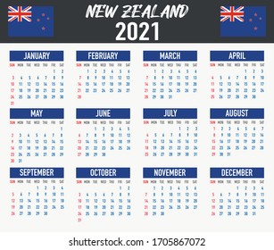 2021 year calendar with national flag of country New Zealand. Month, day, week. Colorful palette, trendy, simply design. Vector illustration for web, business, reminder, planner