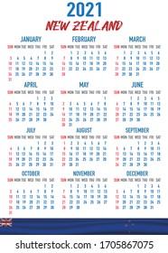 2021 year calendar with national flag of country New Zealand. Month, day, week. Colorful palette, trendy, simply design. Vector illustration for web, business, reminder, planner