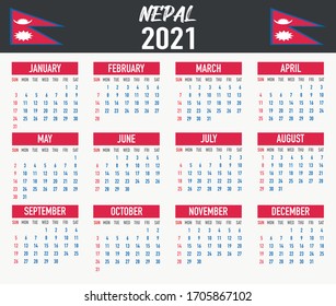 2021 year calendar with national flag of country Nepal. Month, day, week. Colorful palette, trendy, simply design. Vector illustration for web, business, reminder, planner