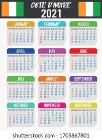 2021 year calendar with national flag of country Cote divoire. Month, day, week. Colorful palette, trendy, simply design. Vector illustration for web, business, reminder, planner