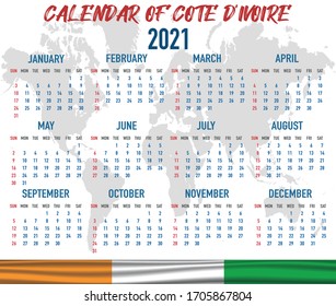 2021 year calendar with national flag of country Cote divoire. Month, day, week. Colorful palette, trendy, simply design. Vector illustration for web, business, reminder, planner