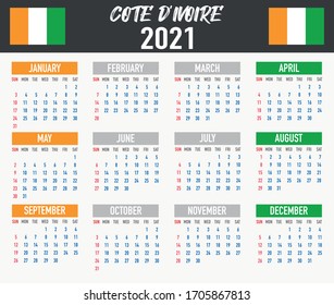 2021 year calendar with national flag of country Cote divoire. Month, day, week. Colorful palette, trendy, simply design. Vector illustration for web, business, reminder, planner