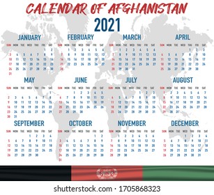 2021 year calendar with national flag of country Afghanistan. Month, day, week. Colorful palette, trendy, simply design. Vector illustration for web, business, reminder, planner. 