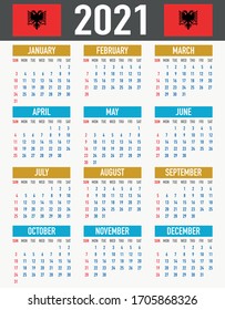 2021 year calendar with national flag of European country Albania. Month, day, week. Colorful palette, trendy, simply design. Vector illustration for web, business, reminder, planner. 