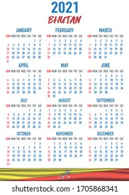 2021 year calendar with national flag of Asian country Bhutan. Month, day, week. Colorful palette, trendy, simply design. Vector illustration for web, business, reminder, planner. 