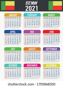 2021 year calendar with national flag of African country Benin. Month, day, week. Colorful palette, trendy, simply design. Vector illustration for web, business, reminder, planner. 