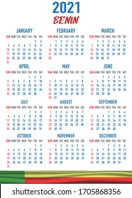 2021 year calendar with national flag of African country Benin. Month, day, week. Colorful palette, trendy, simply design. Vector illustration for web, business, reminder, planner. 