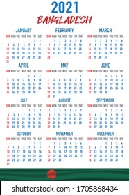 2021 year calendar with national flag of country Bangladesh. Month, day, week. Colorful palette, trendy, simply design. Vector illustration for web, business, reminder, planner. 