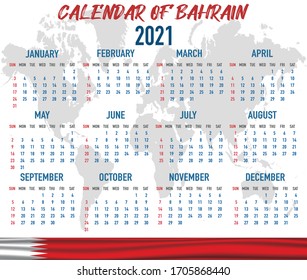 2021 year calendar with national flag of country Bahrain. Month, day, week. Colorful palette, trendy, simply design. Vector illustration for web, business, reminder, planner. 