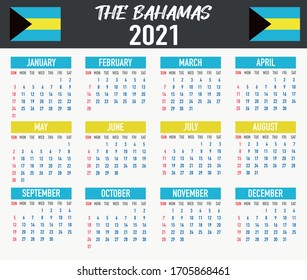 2021 year calendar with national flag of country The Bahamas. Month, day, week. Colorful palette, trendy, simply design. Vector illustration for web, business, reminder, planner. 