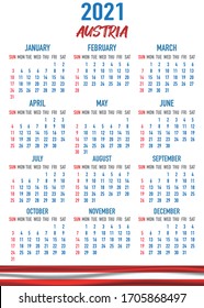 2021 year calendar with national flag of European country Austria. Month, day, week. Colorful palette, trendy, simply design. Vector illustration for web, business, reminder, planner. 