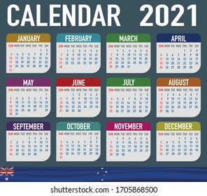 2021 year calendar with national flag of country Australia continent. Month, day, week. Colorful palette, trendy, simply design. Vector illustration for web, business, reminder, planner. 
