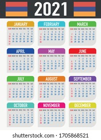 2021 year calendar with national flag of country Armenia. Month, day, week. Colorful palette, trendy, simply design. Vector illustration for web, business, reminder, planner. 