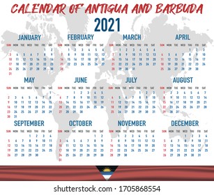 2021 year calendar with national flag of country Antigua and Barbuda. Month, day, week. Colorful palette, trendy, simply design. Vector illustration for web, business, reminder, planner. 