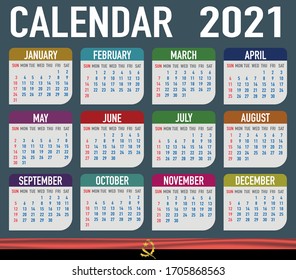 2021 year calendar with national flag of country Angola. Month, day, week. Colorful palette, trendy, simply design. Vector illustration for web, business, reminder, planner. 