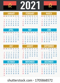 2021 year calendar with national flag of country Angola. Month, day, week. Colorful palette, trendy, simply design. Vector illustration for web, business, reminder, planner. 