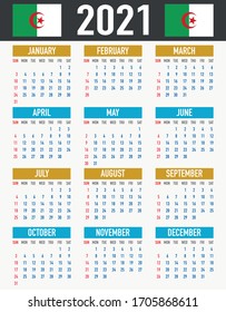 2021 year calendar with national flag of African country Algeria. Month, day, week. Colorful palette, trendy, simply design. Vector illustration for web, business, reminder, planner. 