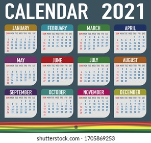 2021 year calendar with national flag of American country Bolivia. Month, day, week. Colorful palette, trendy, simply design. Vector illustration for web, business, reminder, planner. 
