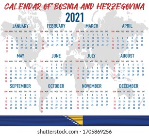 2021 year calendar with national flag of European country Bosnia and Herzegovina. Month, day, week. Colorful palette, trendy, simply design. Vector illustration for web, business, reminder, planner. 