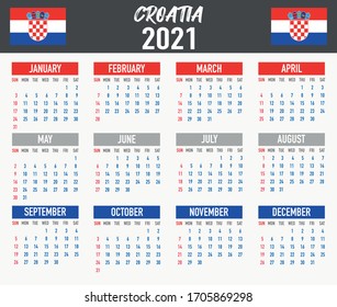 2021 year calendar with national flag of European country Croatia. Month, day, week. Colorful palette, trendy, simply design. Vector illustration for web, business, reminder, planner