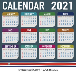 2021 year calendar with national flag of country Costa Rica. Month, day, week. Colorful palette, trendy, simply design. Vector illustration for web, business, reminder, planner. 