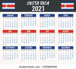 2021 year calendar with national flag of country Costa Rica. Month, day, week. Colorful palette, trendy, simply design. Vector illustration for web, business, reminder, planner. 
