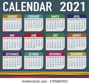 2021 year calendar with national flag of country Colombia. Month, day, week. Colorful palette, trendy, simply design. Vector illustration for web, business, reminder, planner. 